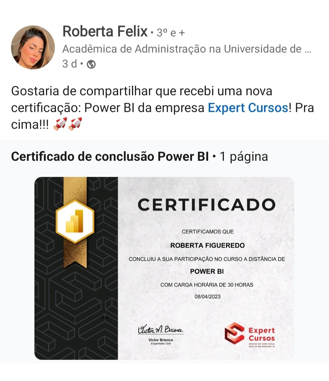 Roberta Felix — Certificado Power BI no LinkedIn