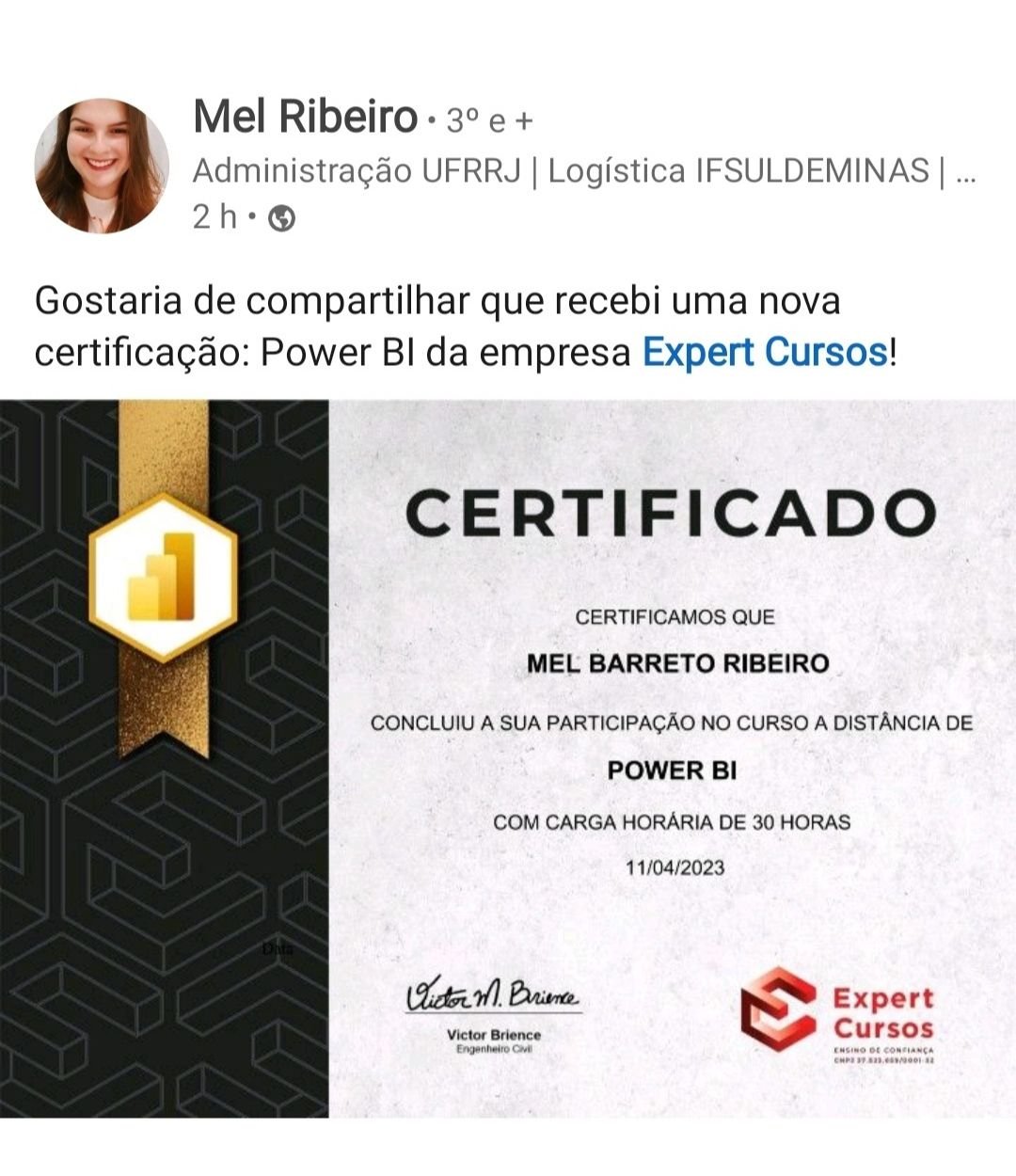 Mel Ribeiro — Certificado Power BI no LinkedIn