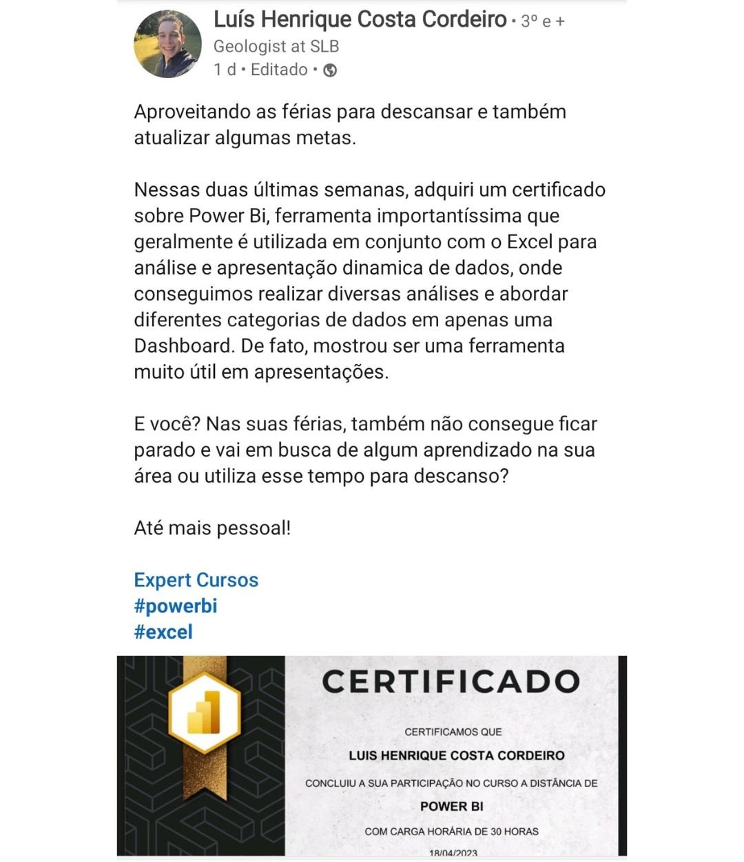 Luís Henrique — Certificado Power BI no LinkedIn